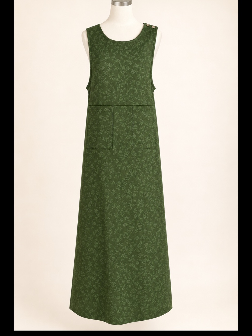 Vintage Manor House Olive Floral Maxi Dress Pockets Cottagecore Medium